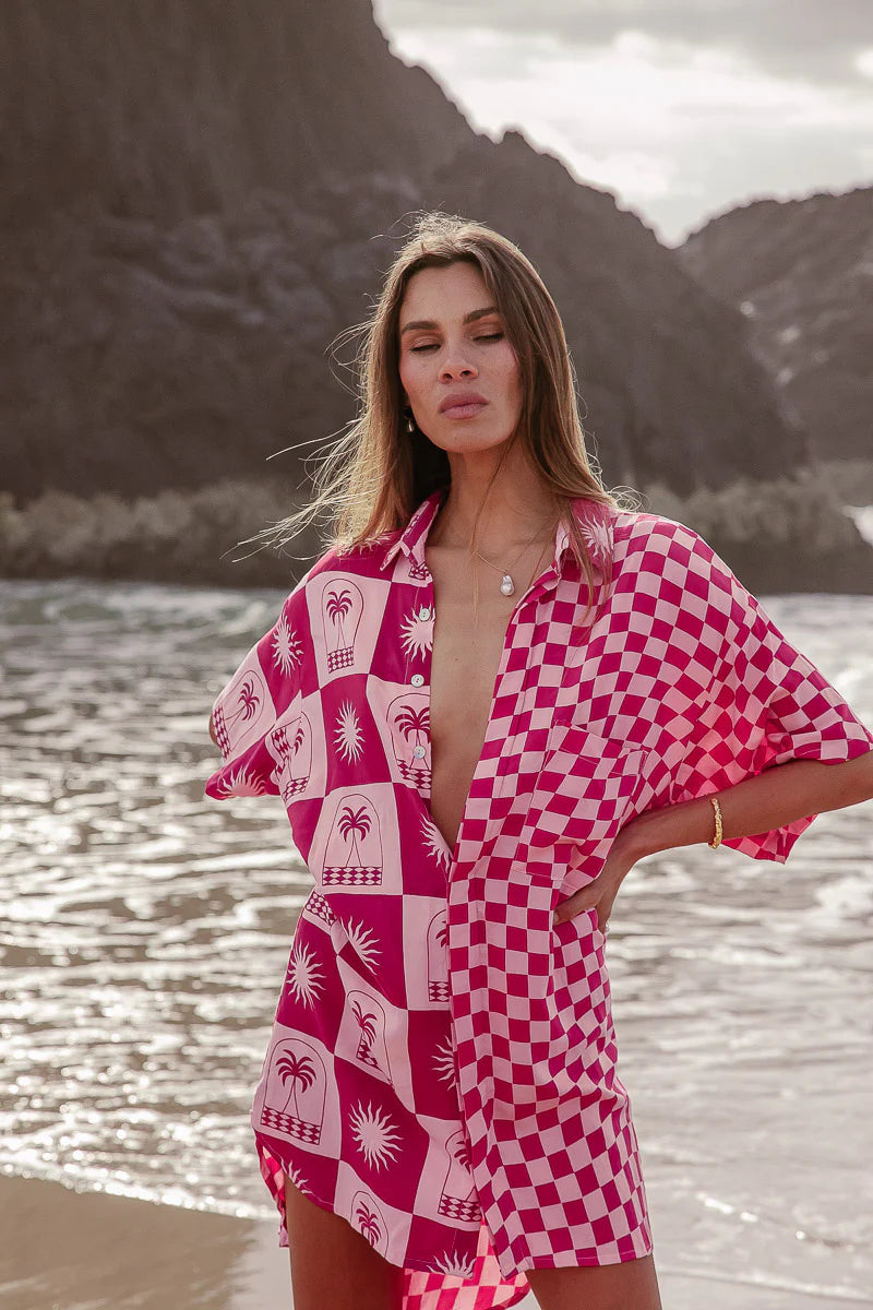 PALM COLLECTIVE CHECKERBOARD PINK SHIRT DRESS