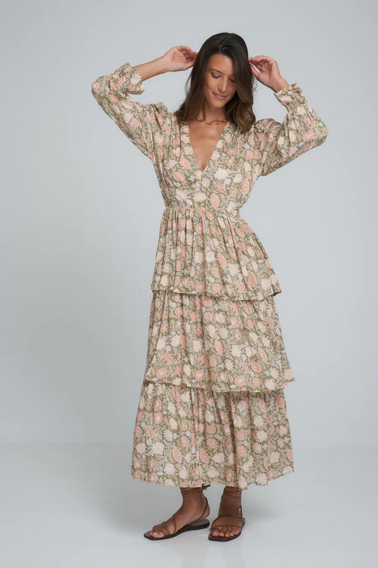 LILYA REGINA DRESS RAJASTHAN PEACH/KHAKI