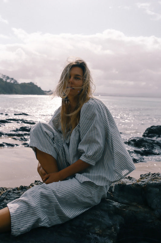 BARE ROAD CHLOE BLOUSE BLUE STRIPE