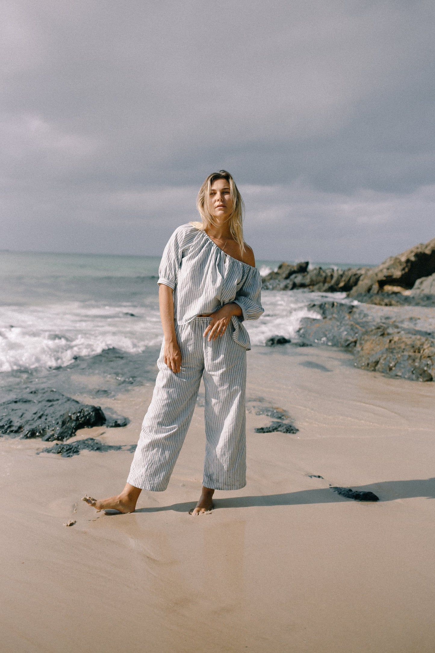 BARE ROAD CHLOE TIE PANT BLUE STRIPE