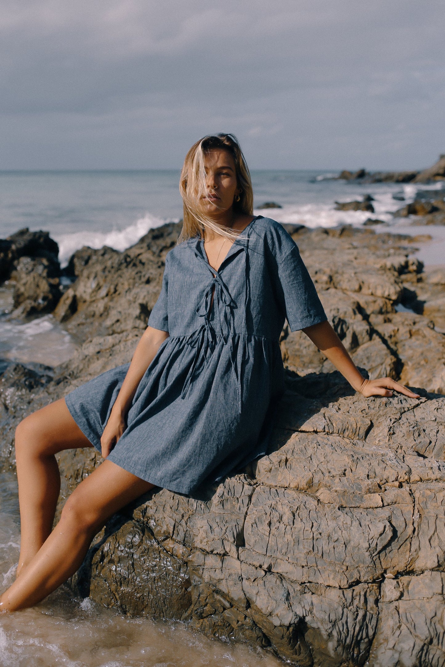 BARE ROAD DARCEY TIE DRESS NAVY