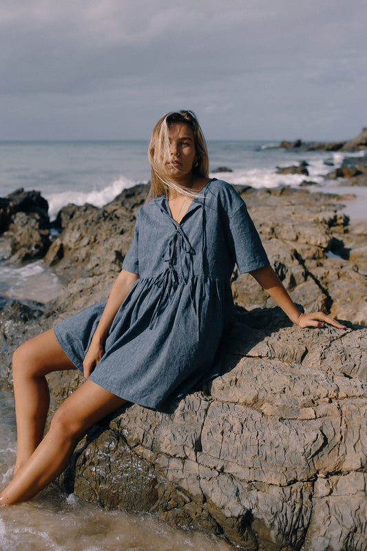 BARE ROAD DARCEY TIE DRESS NAVY